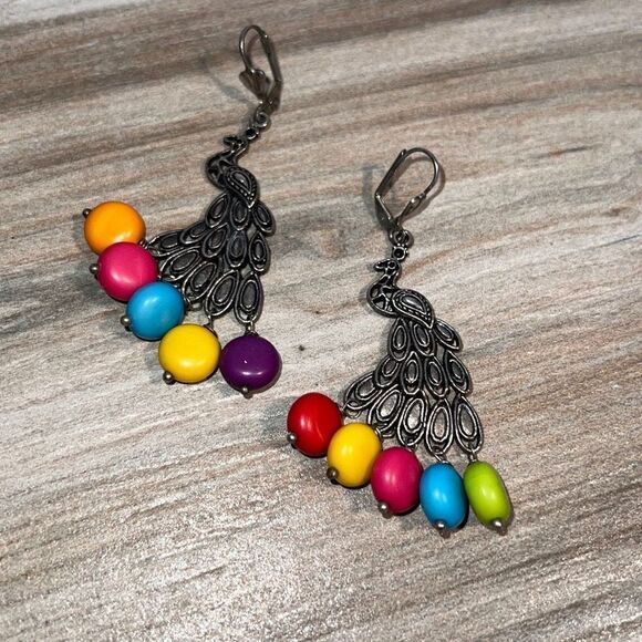 Peacock earrings woman’s 3” dangling multi colored animal bohemian  SilverTone - Picture 1 of 6